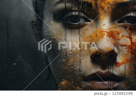 Artistic portrayal of a woman's profile overlayed with dramatic textures 125892299