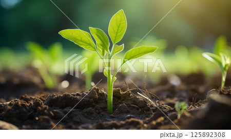 Plants growing from the soil in the forest with a blurred background. Young plant growing in sunlight. 125892308