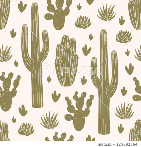 Seamless pattern with cacti and succulents on light background. Hand drawn vector illustration for wrapping paper, textile, fabric. Seamless pattern with cacti and succulents on light background. Hand drawn vector illustration for wrapping paper, textile, fabric. 125892364