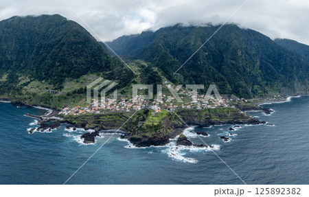 Aerial view of Madeira island . Land meets ocean in Seixal, Madeira , Portugal 125892382