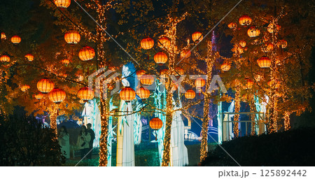 Beijing, China. Orange Yellow Paper Lanterns On Zigong Lantern Festival In Beijing. In Asian Culture Red Is Color Of Sun And Joy. Paper Lantern Is Symbol Of Hearth, Comfort, Kindness. National 125892442