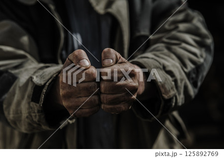 The old hands, clenched in fists, bear the weight of labor. The hands are worn, cracked from endless work. 125892769