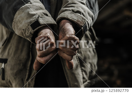 Dirty hands showing dislike. Hands of a poor old pensioner.  125892770