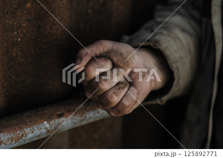 The hands of a poor man. A homeless man shows one fist. 125892771