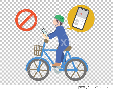 Illustration of bicycle traffic rule violation - Person driving while looking at smartphone 125892951