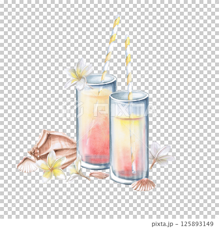 Two glasses of juice with straws, frangepani flowers and shells. Isolated watercolor illustration for restaurant menu design, interior decoration, weddings, poster printing. 125893149