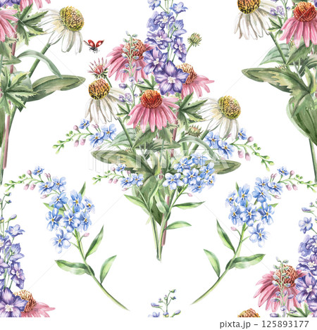 Seamless pattern with bouquets of echinacea, forget-me-not and delphinium on a white background. Watercolor illustration of garden flowers for perfume design, printing on fabric, wallpaper, . 125893177