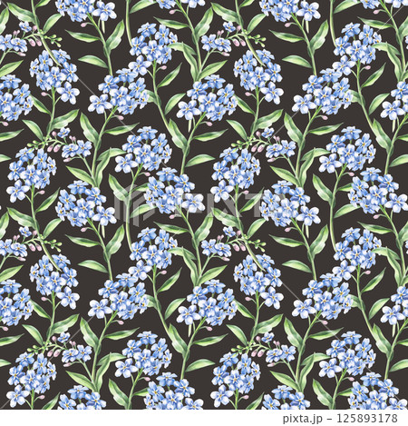 Seamless pattern with forget-me-nots on a black background. Watercolor illustration of garden flowers for perfume design, printing on fabric, wallpaper, wrapping paper. Seamless pattern with forget-me-nots on a black background. Watercolor illustration of garden flowers for perfume design, printing on fabric, wallpaper, wrapping paper. 125893178