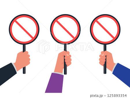 Hand holds up a round prohibition sign - stock illustration Hand holds up a round prohibition sign - stock illustration 125893354