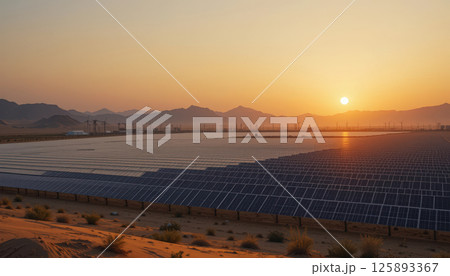 Large solar panel field in desert landscape at sunset, with mountains in background and clear sky, highlighting renewable energy and sustainable technology. Large solar panel field in desert landscape at sunset, with mountains in background and clear sky, highlighting renewable energy and sustainable technology. 125893367