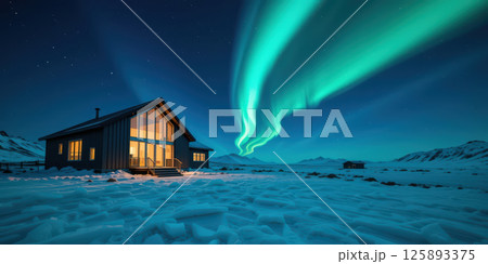 Cozy cabin snowy landscape northern lights night sky glowing windows winter mountain aurora peaceful remote 125893375