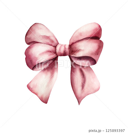 Decorative red bow with long ribbon. Watercolor accessory of little girl. Hand drawn illustration isolated on background, transparent png. Botanical and wedding illustration. Baby shower design 125893397