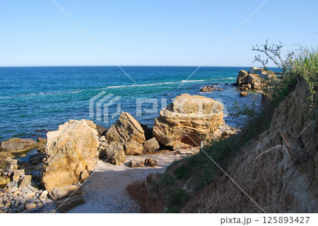 Beautiful landscape of the Black Sea. The natural coastline of the Odessa Bay consists of shell rock and clay against which the sea waves break. 125893427