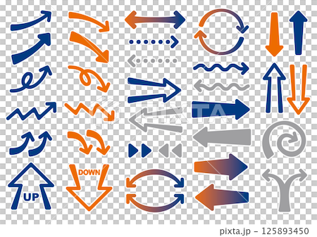 Dynamic rounded arrow set for explanatory materials (navy and orange/with white border) 125893450