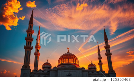 stunning mosque with intricate domes and tall minarets is silhouetted against vibrant sunset sky, with dramatic orange and blue hues blending beautifully. scene evokes serenity and awe. 125893468