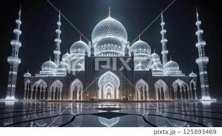 stunning illuminated mosque with intricate domes and minarets, showcasing Islamic architecture at night. glowing white structure reflects on polished floor, creating serene and majestic ambiance. 125893469