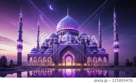majestic mosque illuminated in vibrant purple hues under crescent moon and starry night sky, featuring intricate domes, tall minarets, and reflective water surface enhancing its beauty. 125893470