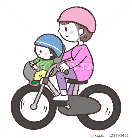 自転車の前かごに子供を乗せて走るヘルメットお母さんのイラスト 自転車の前かごに子供を乗せて走るヘルメットお母さんのイラスト 125893491