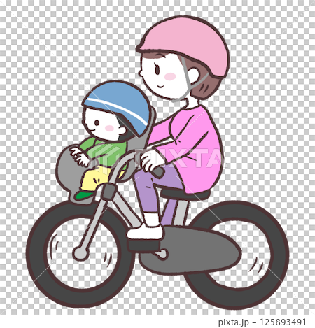 自転車の前かごに子供を乗せて走るヘルメットお母さんのイラスト 自転車の前かごに子供を乗せて走るヘルメットお母さんのイラスト 125893491