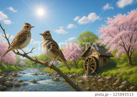 若葉と新緑の水辺の木の枝にヒバリが2羽 若葉と新緑の水辺の木の枝にヒバリが2羽 125893513