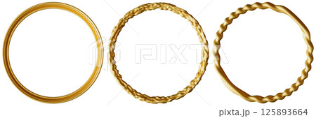 Golden round frames are displayed in creative arrangement, featuring intricate designs that enhance empty space in the center, ideal for showcasing text or art. Isolated on white background. 125893664