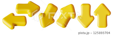 Vibrant yellow arrows in a three-dimensional style showcase various directions. These arrows are isolated against a clean white background, ideal for design and navigation purposes. 3D render. 125893704