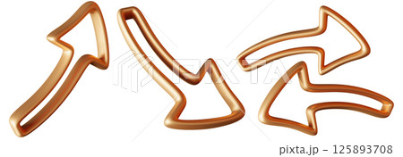 Set of four golden arrows designed in three-dimensional form. Each arrow varies in shape and direction, showcasing a polished appearance against a white backdrop. 3D arrow, cut out. 125893708