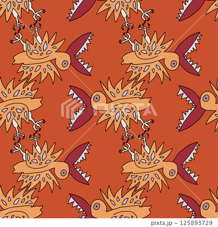 Seamless pattern with quirky, cartoon-style birds on orange background Seamless pattern with quirky, cartoon-style birds on orange background 125893729