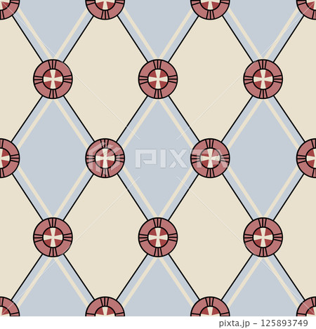 Art Deco seamless pattern with repeating diamond shapes and stylized circular accents. 125893749