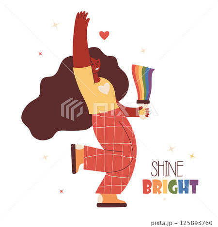 Happy LGBTQ Woman Dancing. Pride Month. Ethnic Black lesbian with rainbow symbol, celebrating LGBT pride and love with energetic movement and smiles. Vector Illustration Happy LGBTQ Woman Dancing. Pride Month. Ethnic Black lesbian with rainbow symbol, celebrating LGBT pride and love with energetic movement and smiles. Vector Illustration 125893760