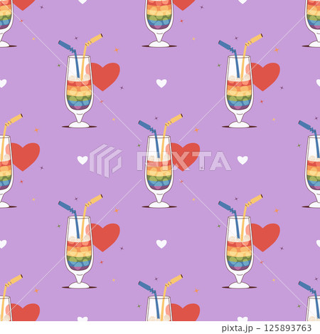 Pride Month. Seamless Pattern. Rainbow LGBT Cocktail with Straws and ice cubes on purple background with hearts. Colorful LGBTQ Celebration Drink. Trendy Holiday backdrop. Vector illustration Pride Month. Seamless Pattern. Rainbow LGBT Cocktail with Straws and ice cubes on purple background with hearts. Colorful LGBTQ Celebration Drink. Trendy Holiday backdrop. Vector illustration 125893763