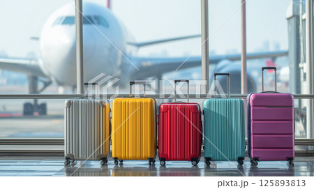 カラフルなスーツケースが並ぶ空港ターミナルと飛行機飛行機 旅行旅 カラフルなスーツケースが並ぶ空港ターミナルと飛行機飛行機 旅行旅 125893813
