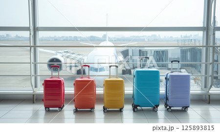 カラフルなスーツケースが並ぶ空港ターミナルと飛行機飛行機 旅行旅 125893815