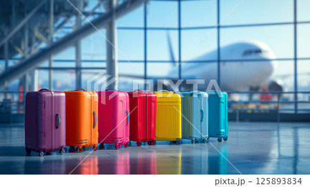 カラフルなスーツケースが並ぶ空港ターミナルと飛行機飛行機 旅行旅 カラフルなスーツケースが並ぶ空港ターミナルと飛行機飛行機 旅行旅 125893834