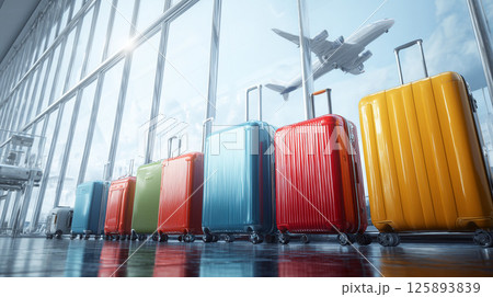 カラフルなスーツケースが並ぶ空港ターミナルと飛行機飛行機 旅行旅 カラフルなスーツケースが並ぶ空港ターミナルと飛行機飛行機 旅行旅 125893839