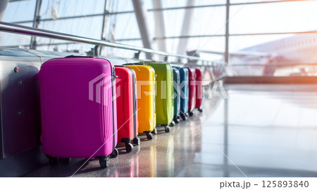 カラフルなスーツケースが並ぶ空港ターミナルと飛行機飛行機 旅行旅 カラフルなスーツケースが並ぶ空港ターミナルと飛行機飛行機 旅行旅 125893840