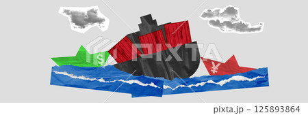 Container ship on turbulent waves, with dollar and yen boats nearby. Challenges in trade, crisis in global trade routes via Panama Canal. Container ship on turbulent waves, with dollar and yen boats nearby. Challenges in trade, crisis in global trade routes via Panama Canal. 125893864