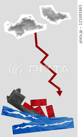 Storm clouds strike cargo ship with red arrow, containers fall, showing economic shock and maritime instability from Panama Canal conflict. Storm clouds strike cargo ship with red arrow, containers fall, showing economic shock and maritime instability from Panama Canal conflict. 125893865