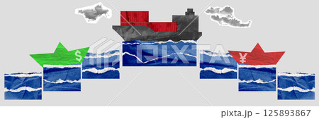 Cargo ship sails between dollar and yuan symbols across ocean, symbolizing Panama Canal bottleneck slowing global trade between China and USA. 125893867
