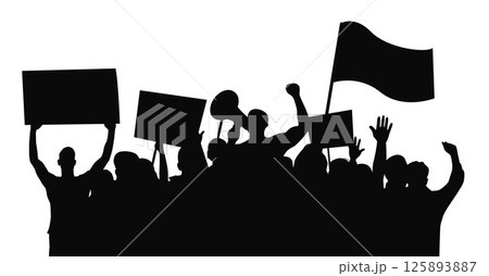Crowd of protesters people, Angry protesters, Silhouettes of people with banners and megaphones 125893887