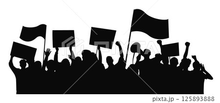 Protesters with banners and megaphones silhouettes, Activists protesting, Arms raised in protest 125893888