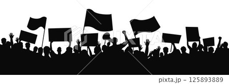 Protesters with banners and megaphones silhouettes, People holding fists up at a protest 125893889