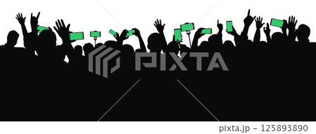 Concertgoers hold up their phones to film and take pictures, Applause crowd silhouette, cheering crowd at a concert 125893890