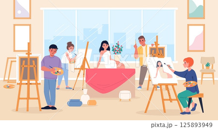 Art classes. Drawing live model process, girl poses for artists, painting workshop, painters paint human figure, men and women paint pictures on canvas, cartoon flat classy vector concept 125893949
