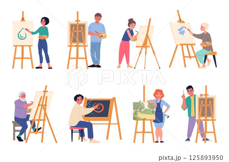 Artists with easels. Cartoon painters characters, men and women paint pictures on canvas, drawing workshop participants, hobby and occupation, isolated creative people, classy vector set Artists with easels. Cartoon painters characters, men and women paint pictures on canvas, drawing workshop participants, hobby and occupation, isolated creative people, classy vector set 125893950