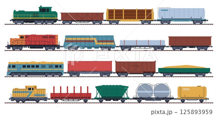 Goods trains. Wagons, containers and tanks, railway freight transportation, locomotives with wagon, freight and cisterns, cargo service for oil, sand and wood, flat nowaday vector set Goods trains. Wagons, containers and tanks, railway freight transportation, locomotives with wagon, freight and cisterns, cargo service for oil, sand and wood, flat nowaday vector set 125893959