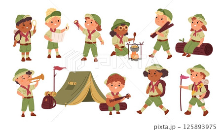 Little scouts. Cute kids in uniform and hats adventure, children learning to survive in nature, boys, girls in camping conditions, cartoon flat isolated tourists characters garish vector set 125893975
