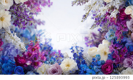 青と紫と白の花が美しく咲き敷き詰められたフラワーウォール背景 125893993