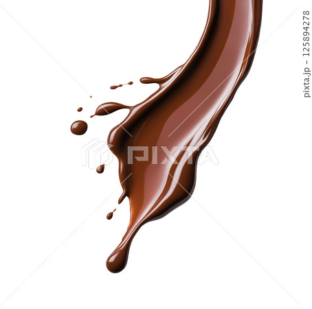 Smooth and glossy chocolate splashes dramatically isolated on a clean white background, creating an enticing visual of fluid motion. 125894278
