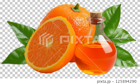 Freshly harvested sweet orange fruit is displayed next to a glossy drop of orange oil in a glass bottle. Lush green leaves accentuate the vibrant colors, showcasing nature's bounty. 125894290